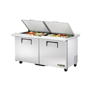 True TSSU-60-24M-B-DS-ST-HC Dual Side Mega Top Sandwich/Salad Unit, (24) 1/6 size (4"D) poly pans, (2) stainless steel