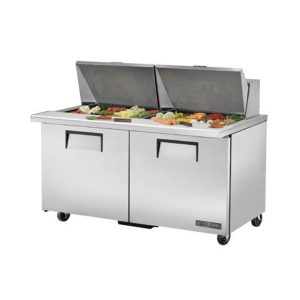 True TSSU-60-24M-B-ST-HC Mega Top Sandwich/Salad Unit, (24) 1/6 size (4"D) poly pans, (2) stainless steel insulated