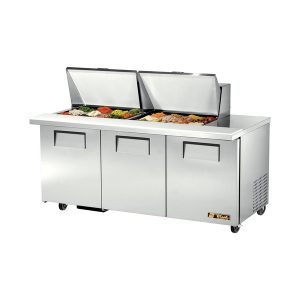 True TSSU-72-24M-B-ST-HC Mega Top Sandwich/Salad Unit, (24) 1/6 size (4"D) poly pans, (2) stainless steel insulated