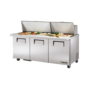 True TSSU-72-30M-B-ST-HC Mega Top Sandwich/Salad Unit, (30) 1/6 size (4"D) poly pans, (2) stainless steel insulated