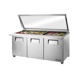 True TSSU-72-30M-B-ST-FGLID-HC Mega Top Sandwich/Salad Unit, (30) 1/6 size (4"D) poly pans, heavy-duty flat glass lid