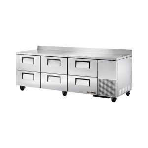True TWT-93D-6-HC Deep Work Top Refrigerator, three-section, stainless steel top with rear splash